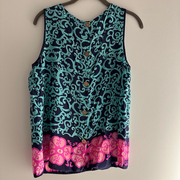 NWOT Lilly Pulitzer Silk Pink & Blue Floral Tank w/ Gold Buttons, size: M - Picture 3 of 3